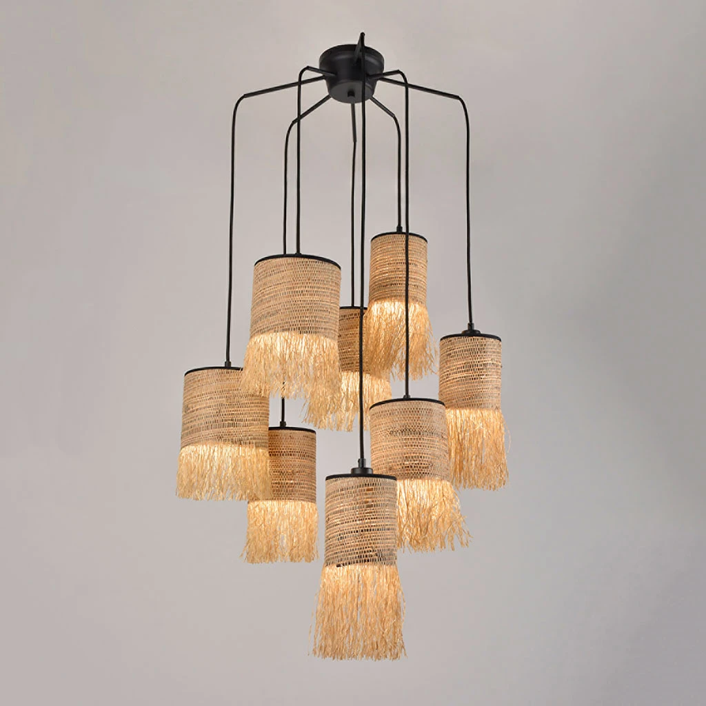Market Set Suspension 8 Lumières En Bana Et Raphia H168cm Frange - Formentera 5 Market Set Suspension 8 Lumières En Bana Et Raphia H168cm Frange - Formentera – Image 3