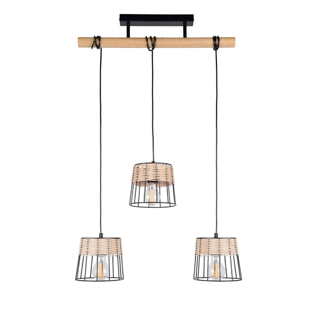 Corep Suspension 3 Lumières En Métal Et Rotin L55cm Noir Mat - Indah 3 Corep Suspension 3 Lumières En Métal Et Rotin L55cm Noir Mat - Indah